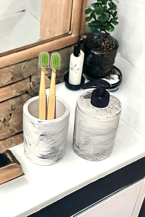 2'Li Mermer Desenli Görünümlü Banyo Seti, Sıvı Sabunluk Diş Fırçalığı Beton
