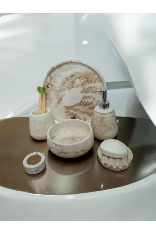 6'Lı Mermer Desen Bej Beton Banyo Seti ,Sıvı Sabunluk Diş Fırçalığı Aksesuar Takım