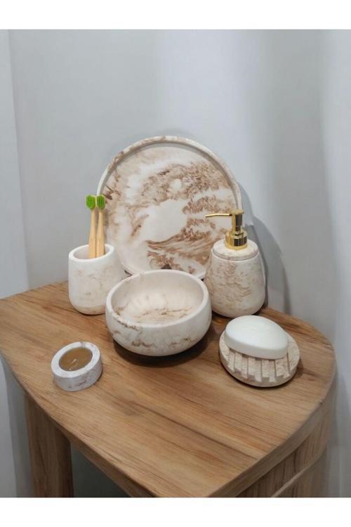6'Lı Mermer Desen Bej Beton Banyo Seti ,Sıvı Sabunluk Diş Fırçalığı Aksesuar Takım