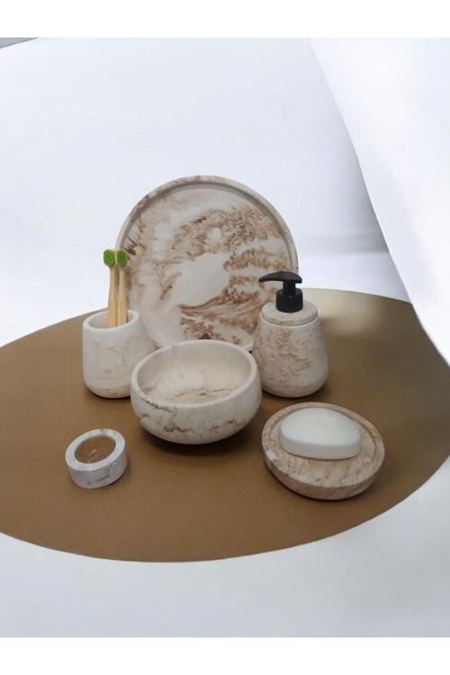 6'Lı Mermer Desen Bej Beton Banyo Seti ,Sıvı Sabunluk Diş Fırçalığı Aksesuar Takım