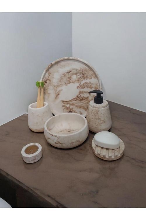 6'Lı Mermer Desen Bej Beton Banyo Seti ,Sıvı Sabunluk Diş Fırçalığı Aksesuar Takım