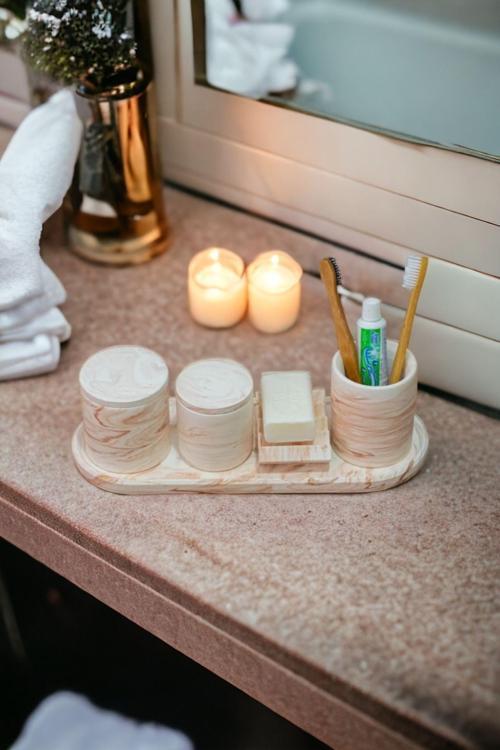 Marble Banyo Seti,Tepsi,Dis Fırçalık, Pamukluk,Sabunluk Seti Beton Takim