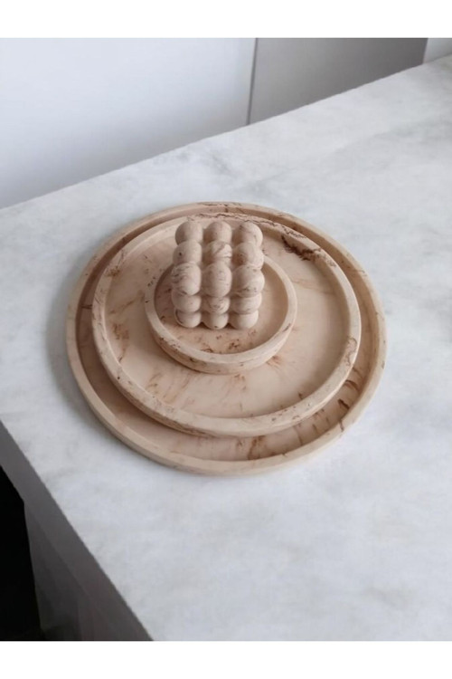 Marble Mermer Desenli Dekoratif Beton Büyük Boy Organizer 3 Lü Tepsi Seti