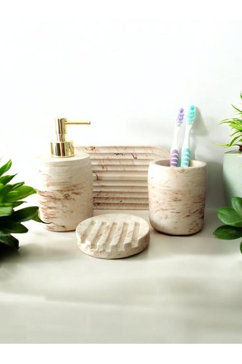Marble Serisi  Bej Sıvı Sabunluk Ve Diş Fırçalık Seti
