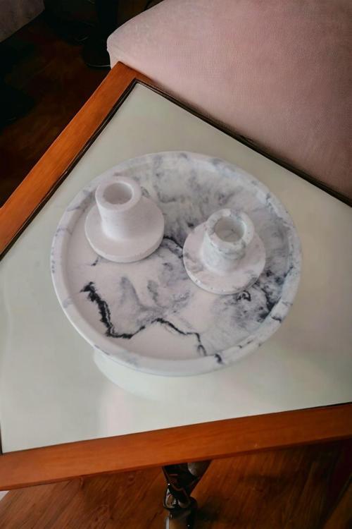 Marble Serisi Beton Tepsi Ve 2'Li Mumluk,Taki Tabağı,Tütsülük