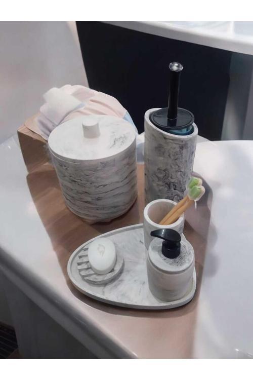 Mermer Desen Tam Beton Banyo Seti,Tuvalet Fırçası,Çöp Kovası,Katı,Sıvı Sabunluk,Tepsi