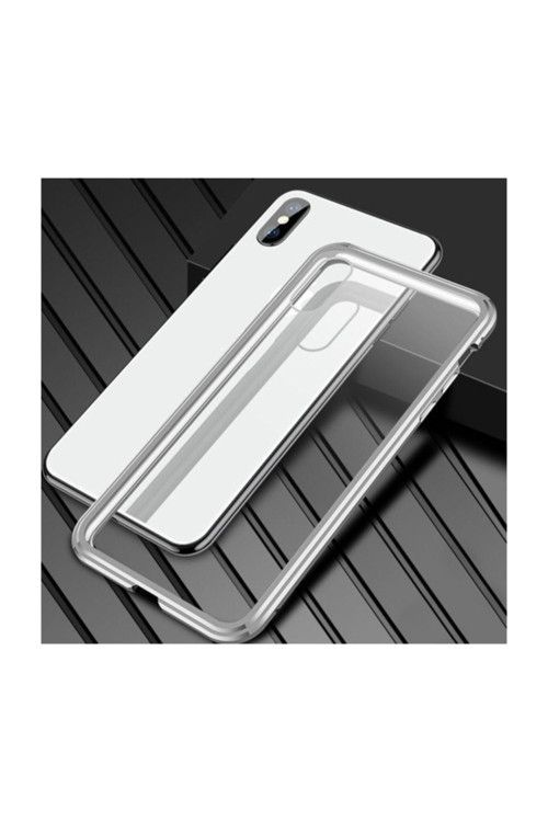 İphone Xs Max Mıknatıslı 360 Koruma Arkası Cam Metal Frame Kılıf Gümüş