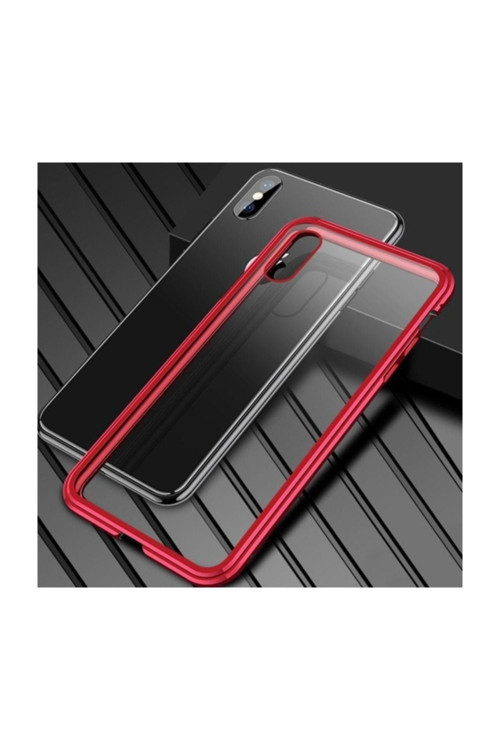 İphone Xs Max Mıknatıslı 360 Koruma Arkası Cam Metal Frame Kılıf Kırmızı