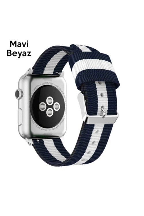 Apple Watch Se-6-5-4 44Mm 1-2-3 42Mm Kayış Kordon Çizgili Nylon - Mavi,Beyaz