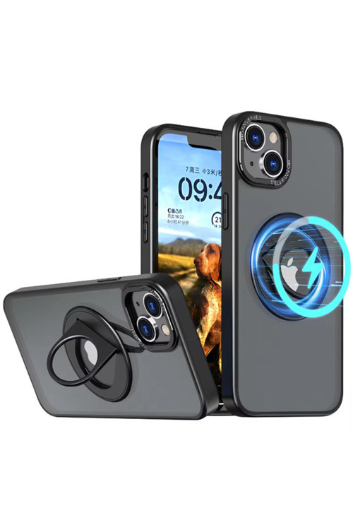 İphone 14 - İphone 13 İçin Magsafe Uyumlu Yüzük Standlı Manyetik Silikon Kılıf Siyah