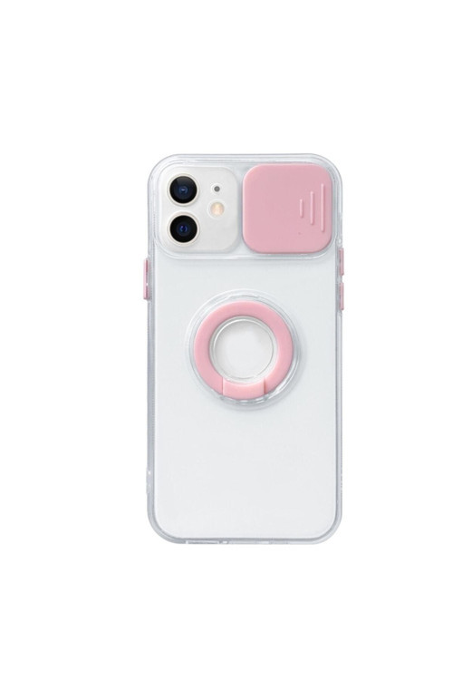 Iphone 12 6.1İnç Uyumlu Kılıf Sürgülü Kamera Lens Korumalı Yüzük Standlı Silikon Kılıf