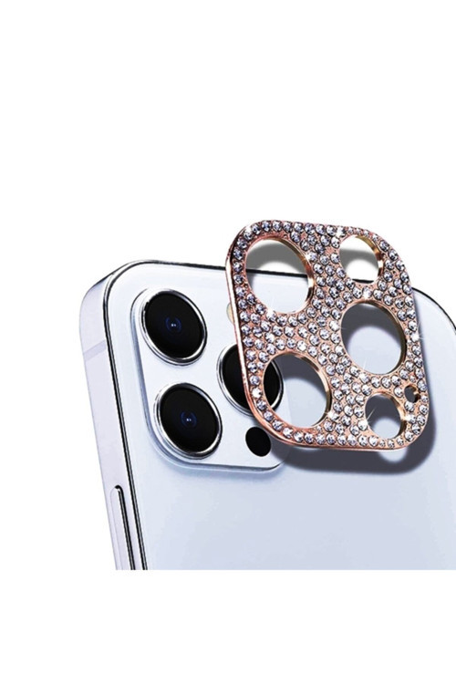 Iphone 12 Pro Uyumlu Kamera Koruyucu Lens Diamond Taş Işlemeli Gold