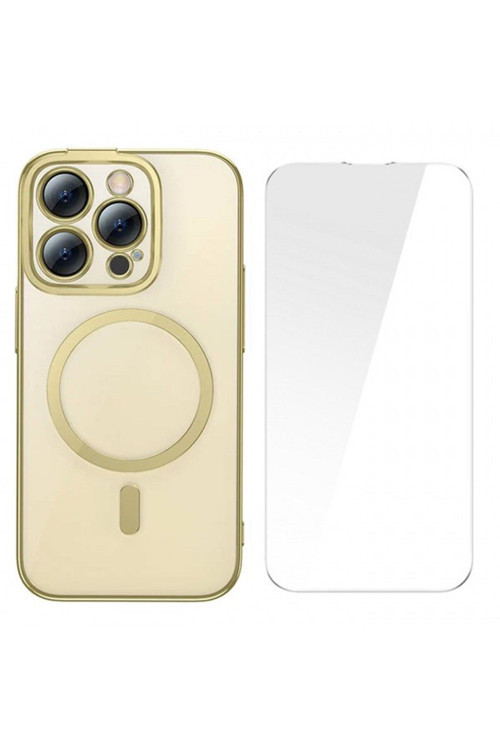 Glitter İphone 14 Pro Max 6.7 Magsafe Silikon Kilif + Tempered Ekran Koruyucu Set Gold