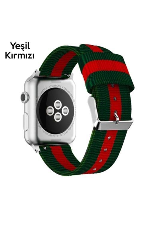 Ally Apple Watch Se-6-5-4 44Mm 1-2-3 42Mm Kayış Kordon Çizgili Nylon - Yeşil,Kırmızı