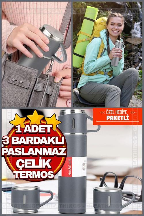 Gri Piknik Kamp Termosu Paslanmaz Çelik 3 Bardaklı 500 Ml Vakumlu Çay Kahve Sıcak Soğuk Termos Seti