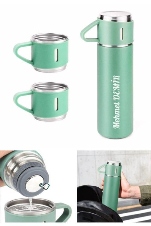 İsime Kişiye Özel Hediye 3 Bardaklı Paslanmaz Çelik Vakumlu Kahve Sıcak Soğuk Kamp Termos Seti Yeşil