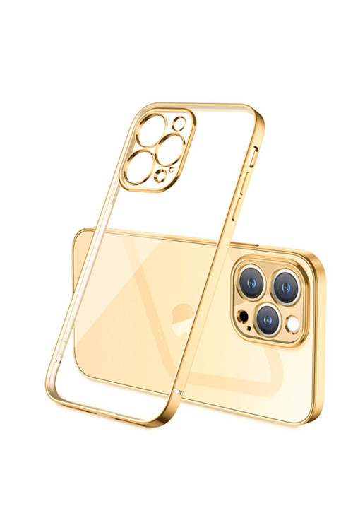 Iphone 13 Pro Max Renkli Kenar Şeffaf Kılıf Kamera Korumalı Silikon Kılıf Gold