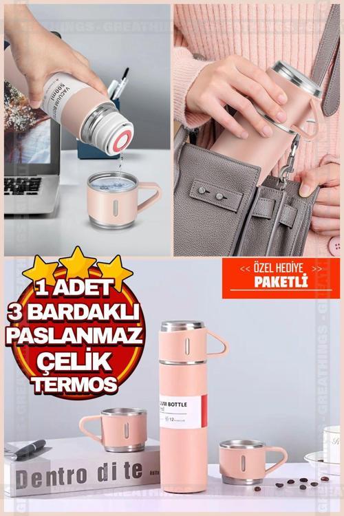Pembe Piknik Kamp Termosu Paslanmaz Çelik 3 Bardaklı 500ML Vakumlu Çay Kahve Sıcak Soğuk Termos Seti