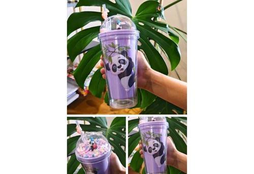 Pipetli Suluk Karakter Figürlü Sevimli Panda Temalı Çift Katman 450 ml Suluk Pipetli Matara Mor 2770