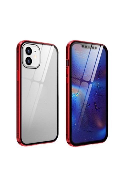 Iphone 12 Mıknatıslı 360 Derece Ön Ve Arka Cam Full Korumalı Manyetik Kılıf Kırmızı