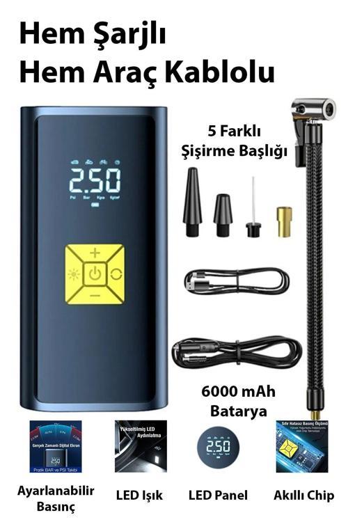 St-9620B Dijital Led Işıklı Taşınabilir Şarjlı Araç Lastik Hava Şişirme Pompası Siyah