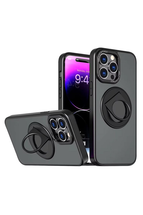 İphone 15 Pro İçin Magsafe Uyumlu Yüzük Standlı Manyetik Silikon Kılıf Siyah