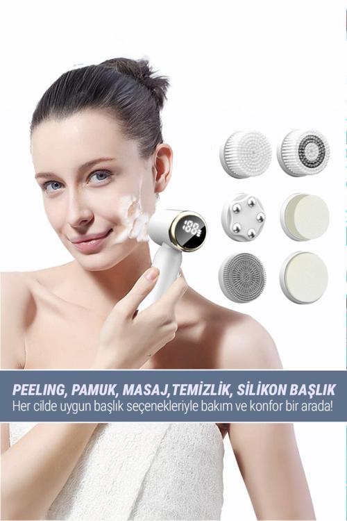 6 In 1 - 3 Aşamalı Su Geçirmez Led Şarjlı Ekranlı Peeling Masaj Cilt Temizleme Bakım Aleti