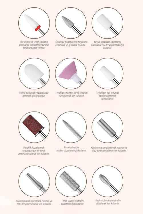 12 Başlıklı Kablosuz Şarjlı Elektrikli 3 Modlu Manikür Pedikür Tırnak Bakım Seti Aleti Cihazı