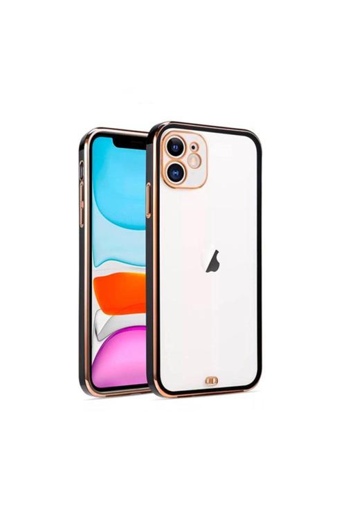 Iphone 11 6.1İnç Gold Çerçeve Kamera Korumalı Silikon Bumper Kılıf Siyah