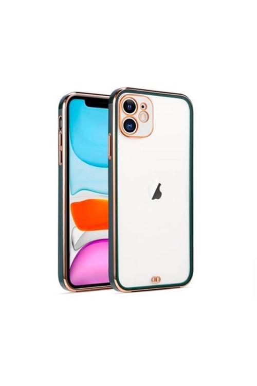 Iphone 11 6.1İnç Gold Çerçeve Kamera Korumalı Silikon Bumper Kılıf Yesil