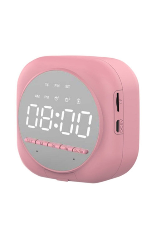Ally Q12 Bluetooth Hoparlör Fm Radyo Dijital Masa Saati Alarm Uyandırma Pembe