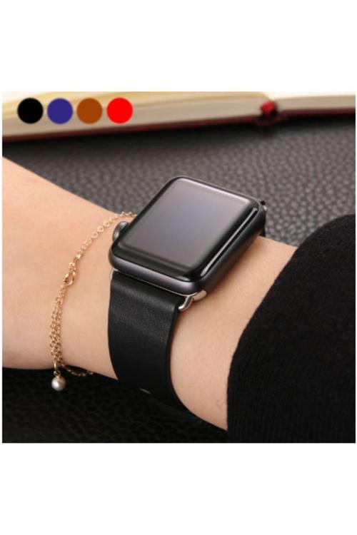 Apple Watch 7-8 45Mm 6-5-4 44Mm Klasik Deri Kayış Kordon 3-2-1 42Mm Siyah  Uyumlu