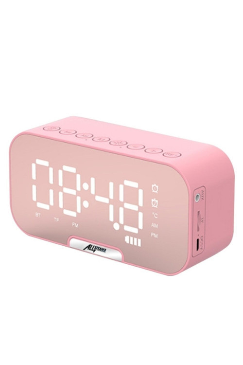 Ally Q5 Bluetooth Hoparlör Fm Radyo Dijital Masa Saati Alarm Uyandırma Pembe