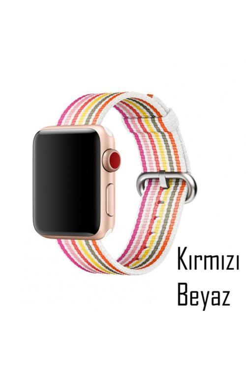 Watch 7-8 41Mm 6-5-4 40Mm Kayış Kordon Dokuma Çizgili Spor 3-2-1 38Mm Kırmızı,Beyaz