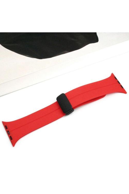 Apple Watch 7-8 45Mm 6-5-4 44Mm Manyetik Uçlu Silikon Kayış Kordon 3-2-1 42Mm Kırmızı