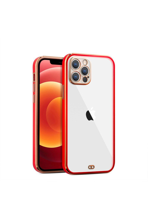 Iphone 12 Pro Max 6.7İnç Gold Çerçeve Kamera Korumalı Bumper Kılıf Kırmızı