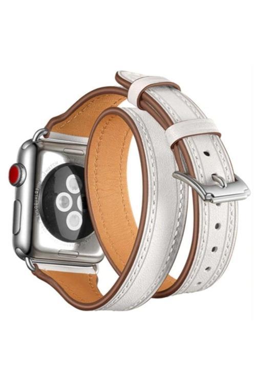 Iwatch 4-5 44Mm 1-2-3 42Mm Çift Tur Deri Koron Kayış - Beyaz