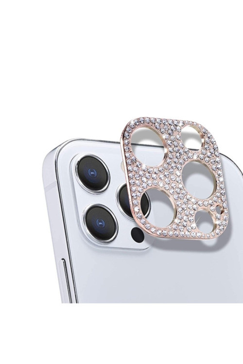 Iphone 12 Pro Max Uyumlu Kamera Koruyucu Lens Taş İşlemeli Rose Gold