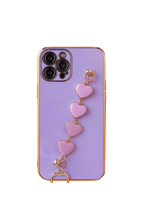 Iphone 11 Pro Max 6.5İnç Kılıf Kalp Bileklik Tutuculu Lüx Silikon Askılı Kılıf Mor
