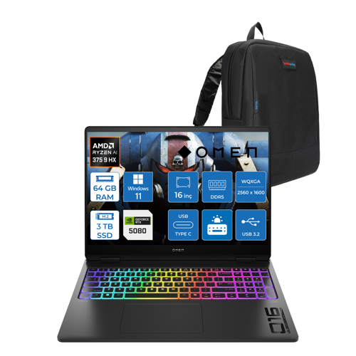 Omen Max 16-AK0002NT Amd Ryzen Aı 9 HX375 64GB Ddr5 1tb SSD + 2 Tb SSD 16GB Nvıdıa RTX5080 16 Inç 500NITS 2k Wqxga 240Hz 3ms IPS Windows 11 Home Siyah OBQ1X7EAH15 + Zetta Çanta