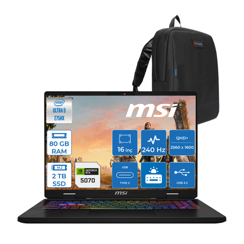 Crosshaır 16 Hx Aı WD2XWGKG Intel Core Ultra 9-275HX  Aı 80GB GB 2tb SSD 8GB/RTX5070 115W 16″ 16:10 QHD+(2560 x 1600), 240Hz IPS Freedos Taşınabilir Bilgisayar W047XTRF45+ZETTAÇANTA