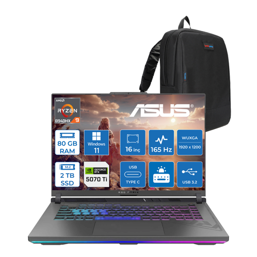 Rog Strix G16 G614PR-RV050 Amd Ryzen 9 8940HX Aı 80GB GB 2tb 12GB/RTX5070Tİ Gddr7 140W 16" Wuxga 165Hz 300NİTS  WINDOWS11PRO Gaming Laptop WRV050W37+ZETTAÇANTA