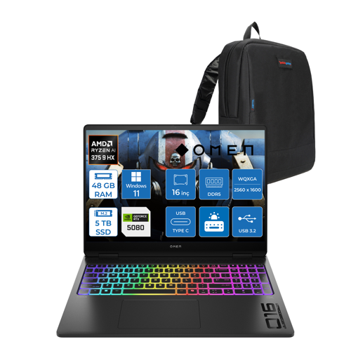 Omen Max 16-AK0002NT Amd Ryzen Aı 9 HX375 48GB Ddr5 1tb SSD + 4tb SSD 16GB Nvıdıa RTX5080 16 Inç 500NITS 2k Wqxga 240Hz 3ms IPS Windows 11 Pro Siyah OBQ1X7EAP12 + Zetta Çanta