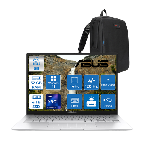 Zenbook 14 Intel Core Ultra 9 285H 32GB LPDDR5X 4tb 14" 3k OLED 120Hz 600NIT Intel Arc Graphics Windows 11 Home Taşınabilir Bilgisayar UX3405CAH04 + Zettaçanta