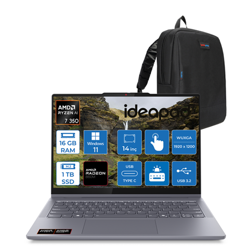 Ideapad 5 Amd Ryzen Aı 7 350 16GB LPDDR5X 1tb Amd Radeon™ 860M 14" Wuxga IPS 300NITS Windows 11 Pro Dokunmatik Bilgisayar IP83KT003CTRP02 + Zettaçanta