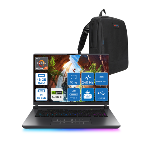 Rog Strix G16 G614FR-S5111 Amd Ryzen 9 9955HX Aı 48GB GB 1tb Ssd+1tb SSD 12GB/RTX5070Tİ Gddr7 140W 16" 2.5k 2560X1600 Wqxga 240HZ 3ms 500NİTS WINDOWS11PRO Gaming Laptop WS5111W20+ZETTAÇANTA