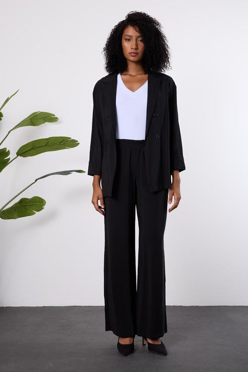 Siyah Regular Beli Lastikli Salaş Pantolon