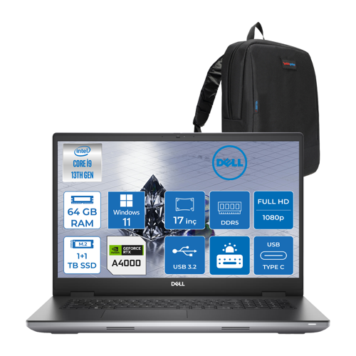Precision M7780 Intel I9-13950HX 64GB Ddr5 1tb+1tb SSD 12GB/RTX4000 17.3" Fhd 500NITS Windows 11 Pro Taşınabilir Worrkstation XCTOP7780EMEA400020+ZETTAÇANTA