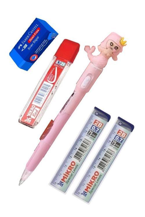 Işıklı Deniz Kızı Uçlu Kalem Seti Pembe 0.7 mm 1 Paket Denizkızı Başlıklı Versatil Kalem Süslü Silikonlu Hediyelik Kalem