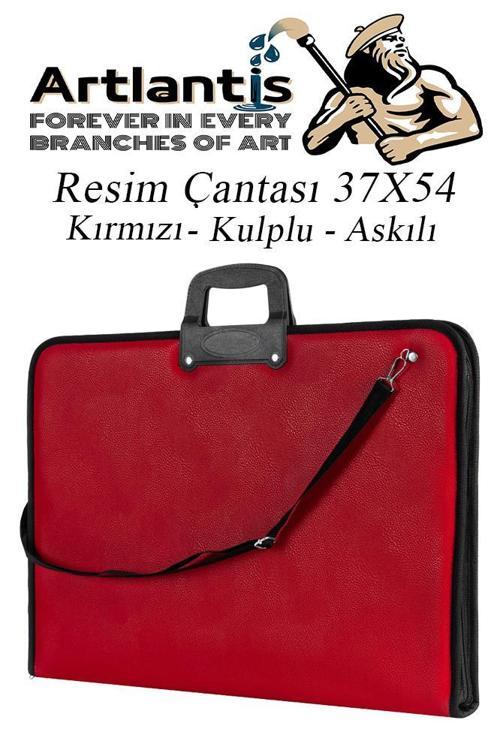 Kırmızı Resim Çantası Fermuarlı Kulplu 37x54 cm 1 Adet Teknik Resim Dosya Çantası 35x50 cm Askılı Proje Çantası Okul Sın